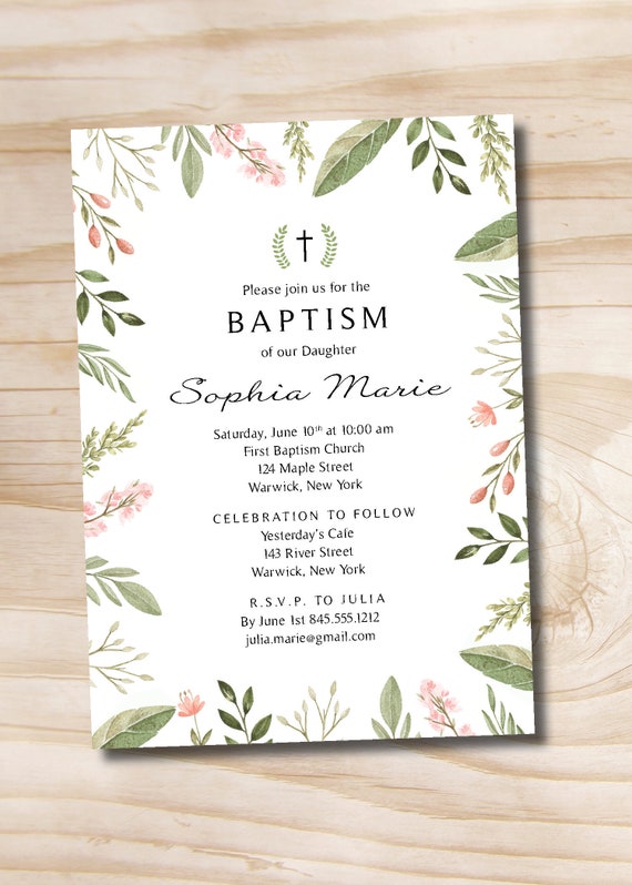 Floral Leaf Girl Baptism Invitation, Christening Invitation, Communion Invitation - Printable digital file or printed invitations Il_570xn