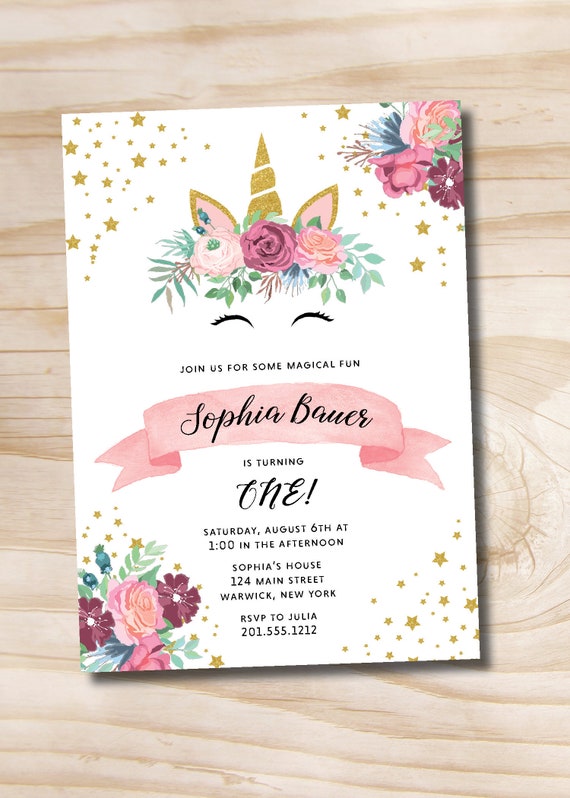 Unicorn Party invitation - Floral unicorn, magical unicorn - Printable or Printed Il_570xn