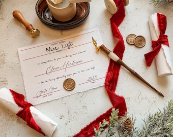 Santa's Official Nice List Certificate featuring Handmade Paper, Gold Wax Seal and Velvet Ribbon