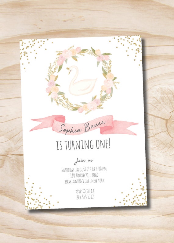 Swan Birthday Invitation Girl Birthday Invite Pink Swan Invitation Swan Princess Pink and Gold Birthday Invite Girl First 1st Birthday Il_570xn
