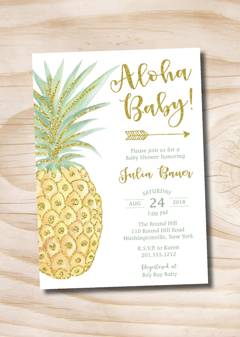 Printable Digital file or Printed Invitations Aloha Baby Tropical Hawaii Pineapple Baby Shower Invitation