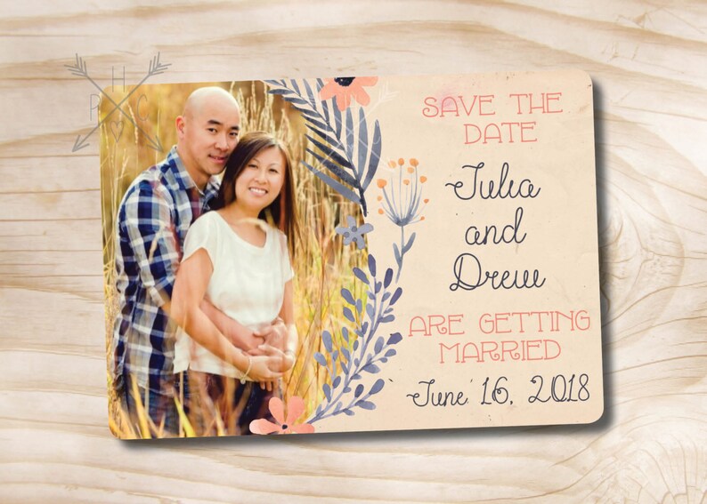 Printable digital file or printed invitations Photo Watercolor Floral Save the Date