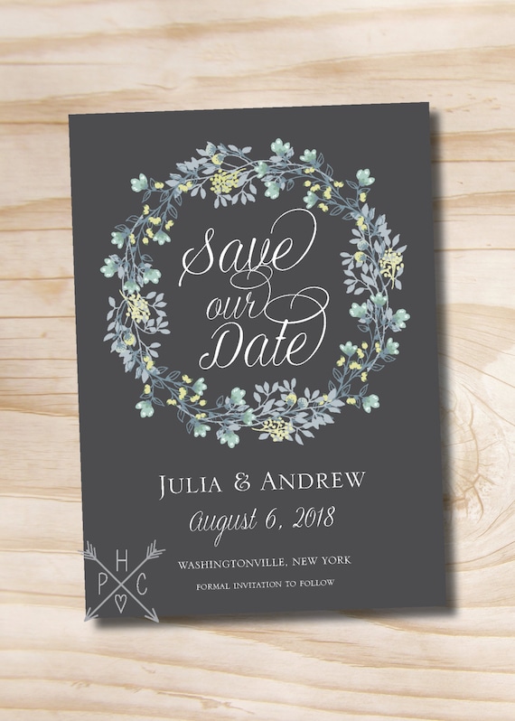 Vintage Floral Wreath Wedding Save the Date - Printable digital file or printed invitations Il_570xn