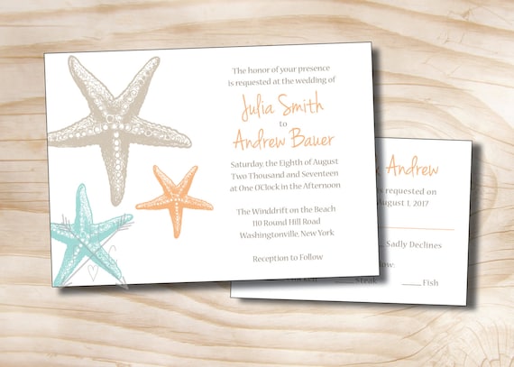 ELEGANT STARFISH Tropical Beach Wedding Invitation and Response Card Invitation Suite Il_570xn