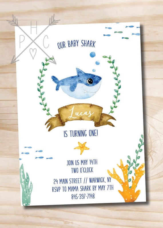 Watercolor Shark Invitation // Under The Sea Invitation // Baby Shark Birthday Invitation // Boy Birthday - Custom PDF or Printed Invitation Il_570xn