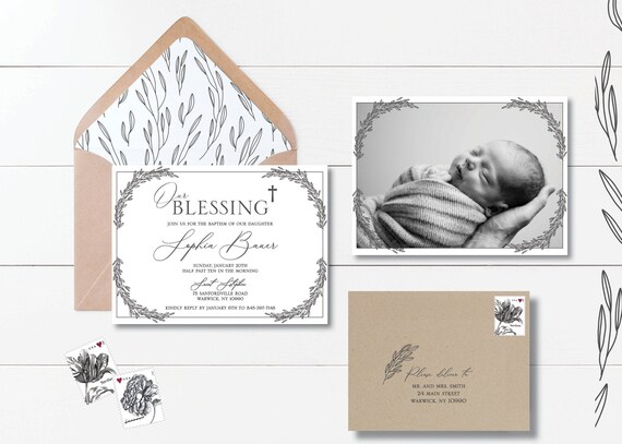 Modern Baptism Invitation, Our Blessing, Christening Invitation, Laurel, Elegant, Customizable, Personalized, Editable - Digital or Printed Il_570xn