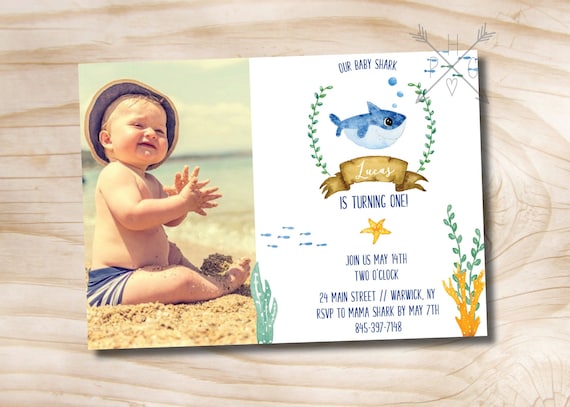 Watercolor Shark Photo Invitation // Under The Sea Invitation // Baby Shark Birthday Invitation - Custom PDF or Printed Invitation Il_570xn