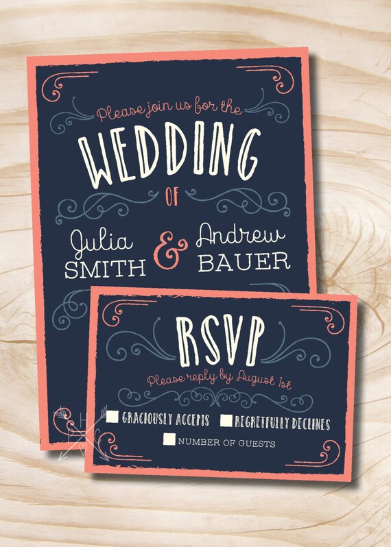 Navy and Coral Vintage Scroll Poster Style Rustic Wedding Invitation and Response Card Invitation Suite Il_570xn