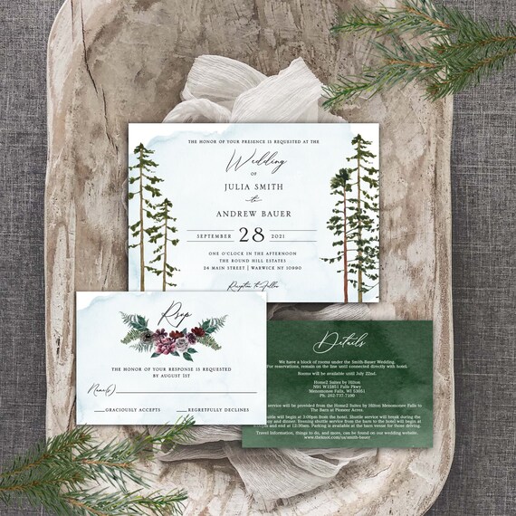 Rustic Watercolor Pine Trees Wedding Invitation / Response Card Invitation Suite Il_570xn