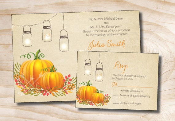 Mason Jar Pumpkin Fall Wedding Invitation and Response Card Invitation Suite Il_570xn