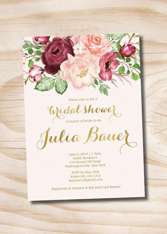 Burgundy, Pink & Gold Watercolor Floral Bridal Shower Invitation