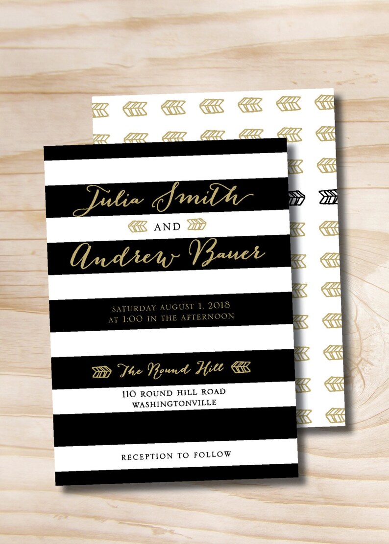 Black White and Gold Striped Wedding Invitation and Response Etsy