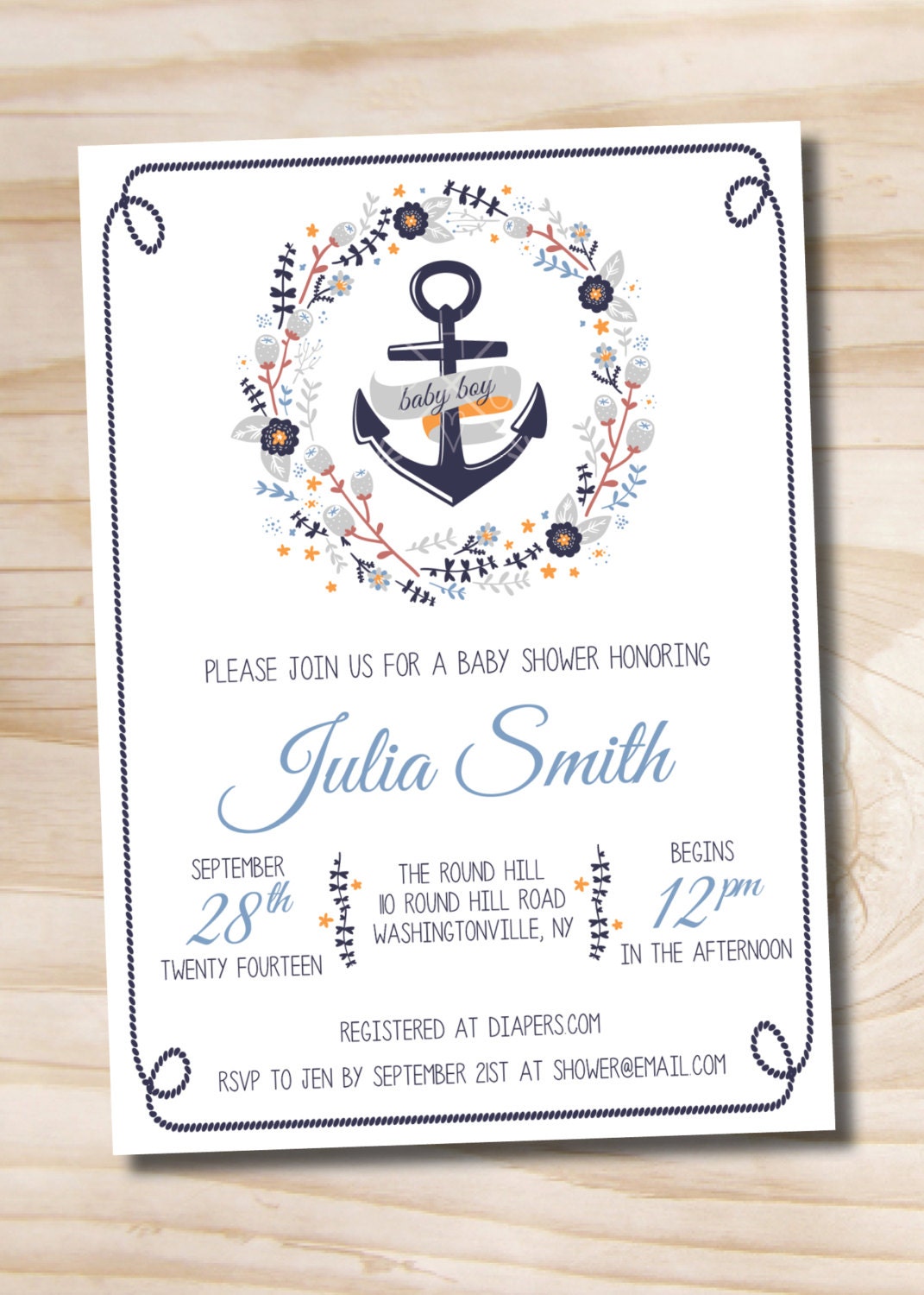 NAUTICAL FLORAL WREATH Anchor Baby Shower Invitation Etsy