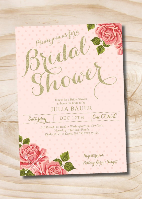 Gold and Floral Shabby Chic Bridal Shower Invitation - Printable digital file or printed invitations Il_570xn