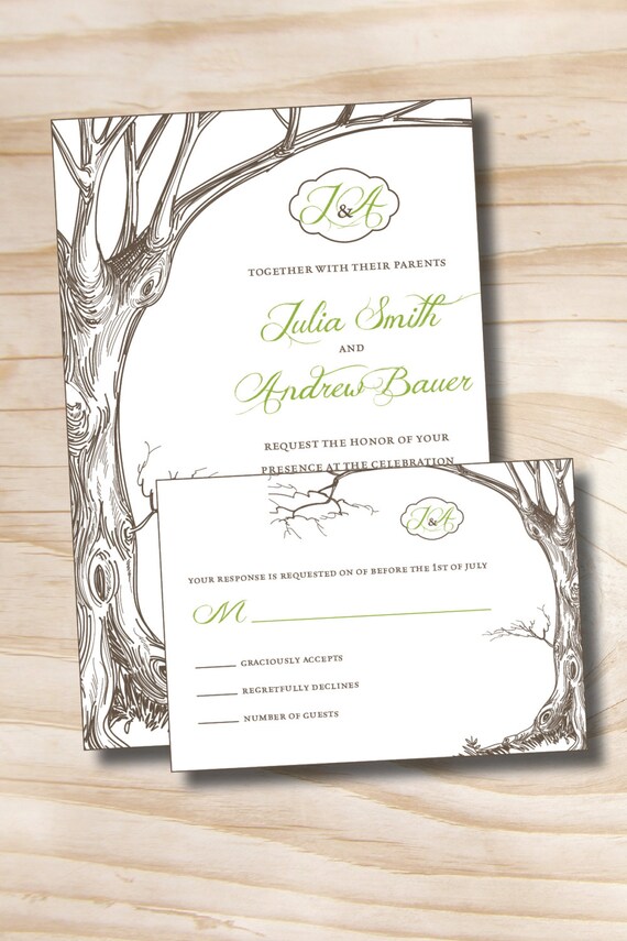 Vintage Tree initials Rustic Wedding Invitation and Response Card Invitation Suite Il_570xn