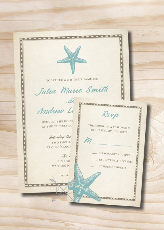 rustic starfish wedding invitation and response card invitation seashells wedding invitations