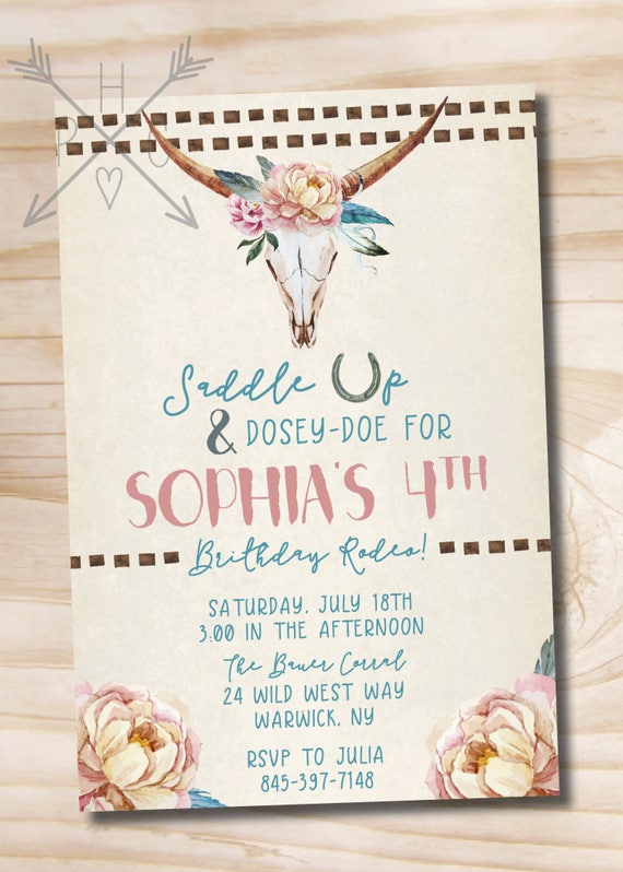 Wild West Birthday Party Invitation // Cowgirl // Rodeo // Western // Girls // Watercolor // Floral // Boho - Printable Invitation Il_570xn