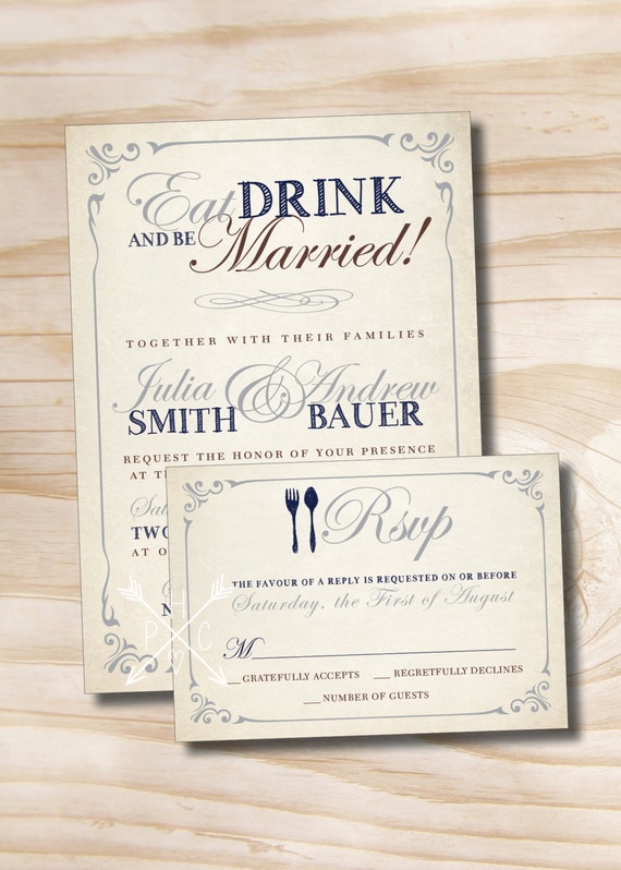 EAT DRINK and Be Married Rustic Wedding Invitation and Response Card
