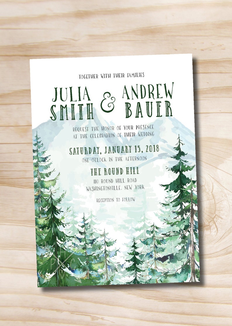 Watercolor Pine Tree Mountain Wedding Invitation and