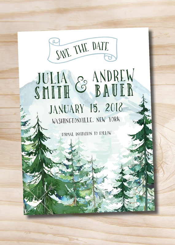 Watercolor Pine Tree Mountain Wedding Save the Date - Printable digital file or printed invitations Il_570xn