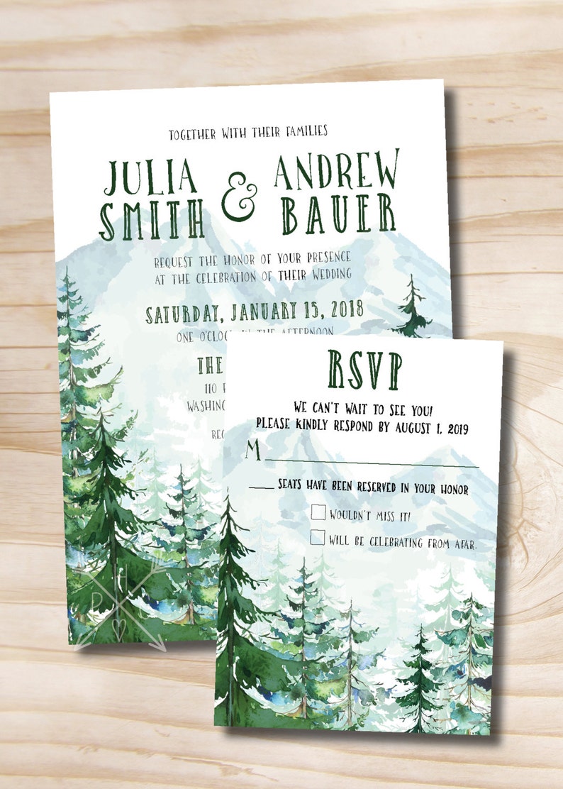 Watercolor Pine Tree Mountain Wedding Invitation and