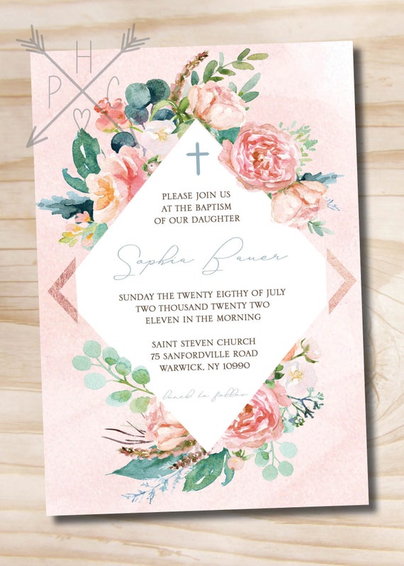 Baptism Invitation // Soft Pink Watercolor Floral Frame // Christening // Communion // Confirmation - PDF or Printed Invitations Il_570xn