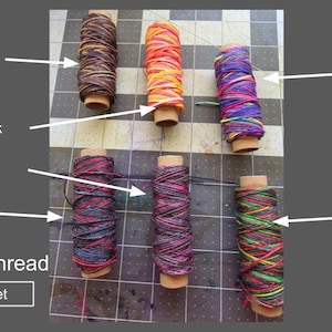 Peut inclure: Six bobines de fil de qualit&eacute; sup&eacute;rieure dans diverses couleurs, dont Brown Ombre, Yellow to Pink, Purple Ombre, Blue to Red, Neon Rainbow et Rainbow. Le texte "Premium Thread" est visible.