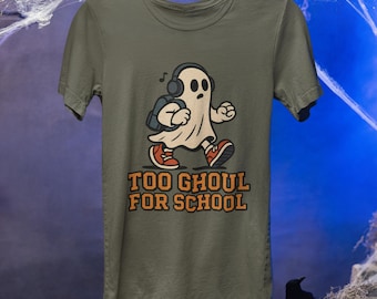 Maglietta di Halloween "Too Ghoul For School", maglietta con grafica divertente di un fantasma, maglietta unisex "Spooky Season", simpatica maglietta per feste di Halloween