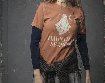 Haunting Season Shirt, Spooky Ghost Moon Tee, Retro Halloween Graphic Top, Creepy October T-Shirt