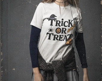 Trick or Treat Shirt, Pumpkin Candy Bucket Halloween Tee, Fun Spooky Season Top, Festive Halloween Party T-Shirt