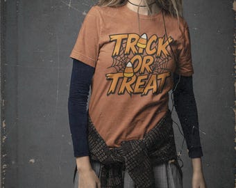 Trick or Treat Shirt, Candy Corn Halloween Tee, Fun Spooky Season Top, Festive October Graphic T-Shirt