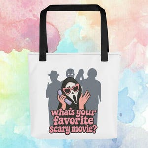 Cute Horror Tote Bag – “What’s Your Favorite Scary Movie?” Ghostface Aesthetic – Scary Movie Gift for Horror Fans