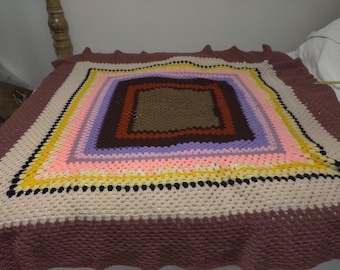 Vintage Multicolor Crochet Throw, Retro Afghan (64x64 in)