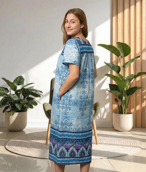 cotton lounge dresses and muumuus Loungees Border Print Dress House Dress Caftan Square Neck Yoke Short Sleeve Bandeau Contrast Lace Cut atf-kg-05.15.25 Ladies dresses Available in both Missy size:US 16Plus / UK 20 / EU 46