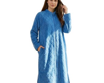 Loungees Womens Plush Fleece Robe Royal Blue, Mid Length Zip Front Bathrobe with Shawl Collar, Soft Coral Fleece House Robe