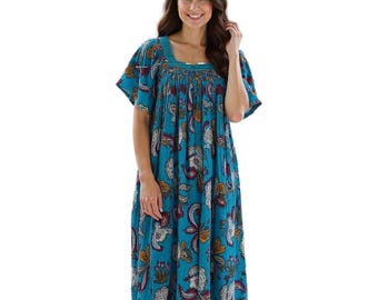 Women’s Aqua Cotton Gauze House Dress with Pockets, Short Sleeve Muumuu Caftan, Square Neck Crochet Trim, Lightweight Lounge Dress