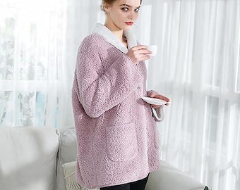 Chaqueta de cama reversible de felpa sherpa para mujer con botones delanteros