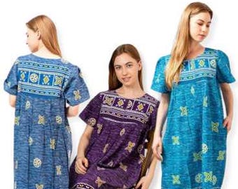 Loungees Border Print Cotton Lounge Dress/House Dress/Caftan | 3 Button Bib Yoke Short Sleeve