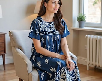 Loungees Short Sleeve Royal Monotone Lounge House Dress Caftan - 3 Button Bib Yoke and Pockets