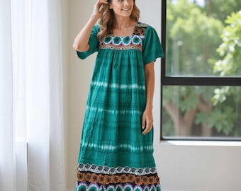 Women's Short Sleeve Teal Lounger House Dress - Contrast Yoke and Hem with Pockets