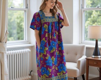 Women's Short Sleeve Purple/Blue Floral Lounger House Dress - Square Neck, Contrast Yoke and Hem with Pockets