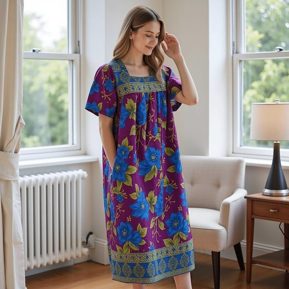 Women's Short Sleeve Purple/Blue Floral Lounger House Dress - Square Neck, Contrast Yoke and Hem with Pockets