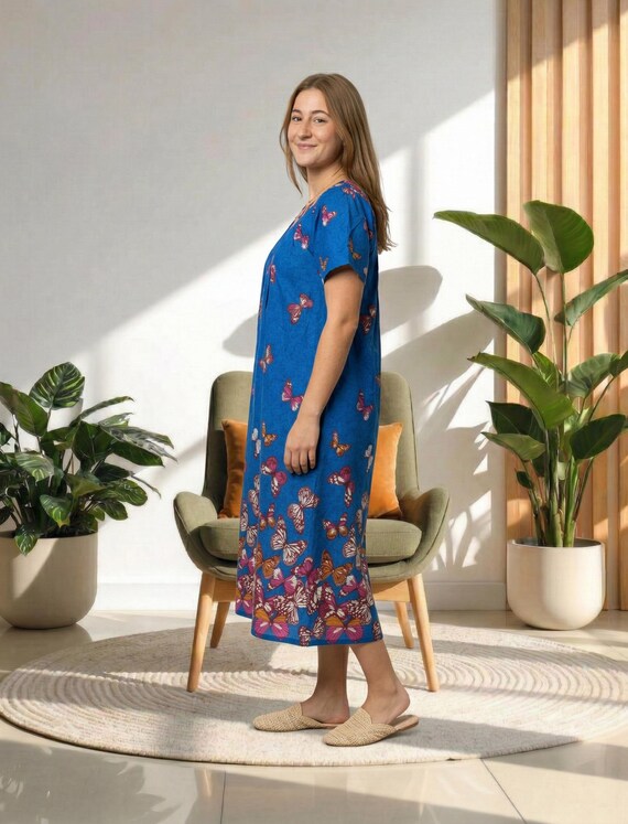 Loungees Women's Cotton House Dress With Pockets, Short Sleeve Muumuu Caftan, V Neck Yoke Butterfly Print Lounger