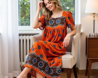 Women's Short Sleeve Coral Lounger House Dress - 3 Button Bib Yoke and Pockets