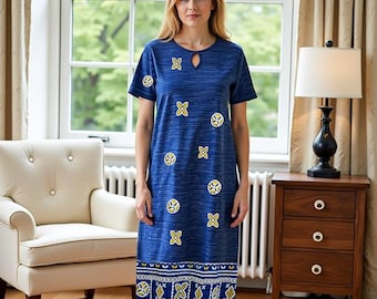 Loungees Short Sleeve Knit Dress with Keyhole Neck | Blue | Plus Size Available