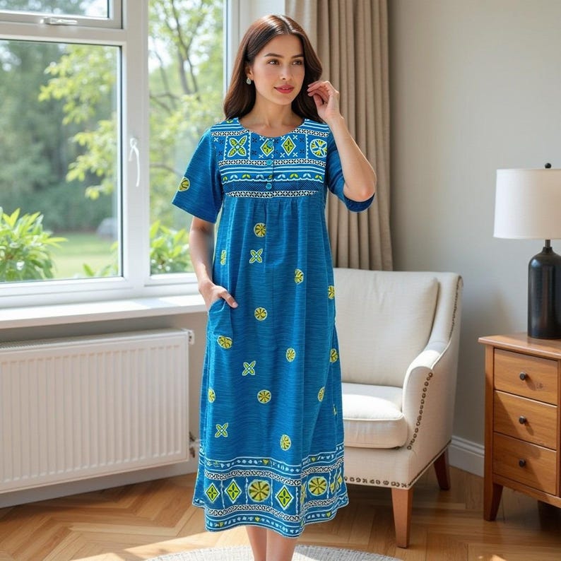 ladies house dresses Ekouaer Nightgowns for Women Cotton Dress with Pockets Button Duster It is available in either short or long sleeve Women's House Dresses: Cotton, Velvet,
