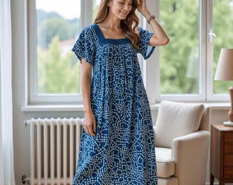 Women's Short Sleeve Blue Print Gauze Lounger House Dress - Crochet Square Neck and Pockets