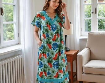 Women's Short Sleeve Light Blue Gauze Lounger House Dress - Crochet V Neck and Pockets