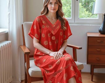 Women's Short Sleeve Orange-Red Starburst Gauze Lounger House Dress - Crochet V Neck and Pockets