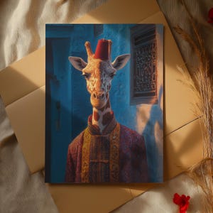 May include: A whimsical art print featuring a giraffe wearing a red fez and a patterned maroon jacket with gold accents. The giraffe is set against a blue wall with a window, creating a unique and stylish piece of wall art.